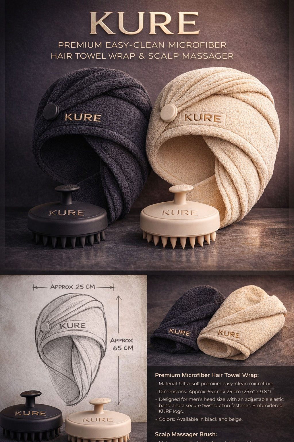 KURE microfiber hair towel wraps and scalp massager set